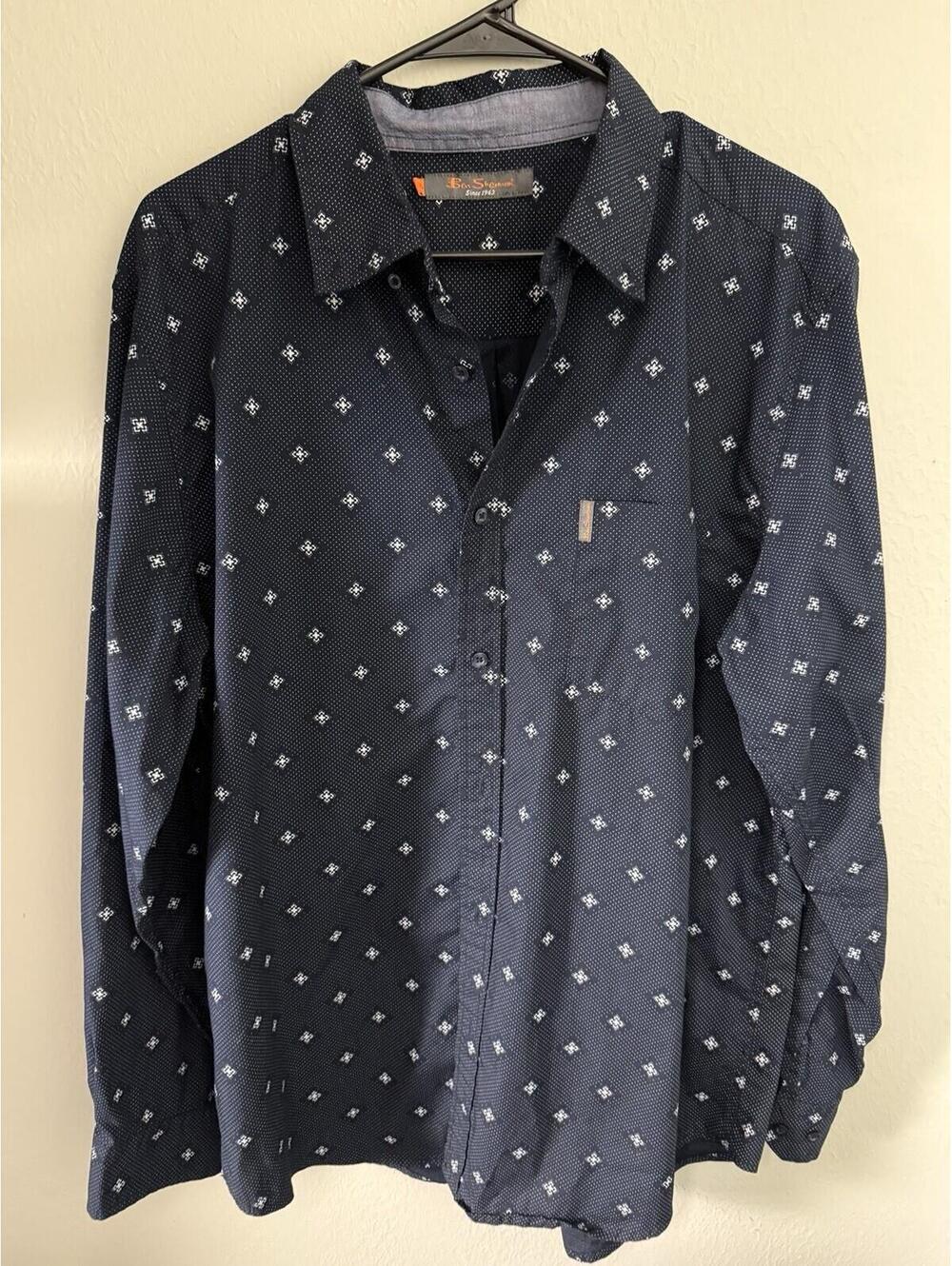 Ben‎ Sherman Men’s Button Front Shirt Navy Geometric Print Long Sleeve. XL